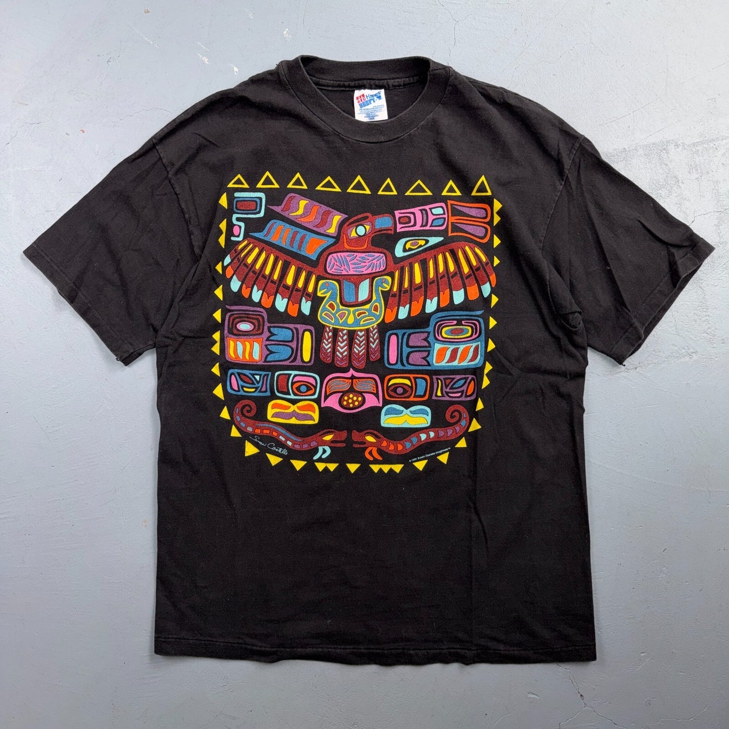 VTG Sue Coccia Native Northwest Eagle Raven Art Graphic T Shirt Black Large