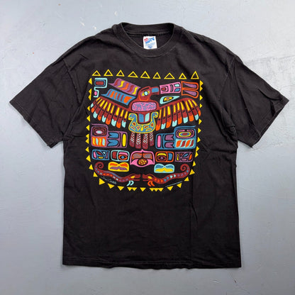 VTG Sue Coccia Native Northwest Eagle Raven Art Graphic T Shirt Black Large