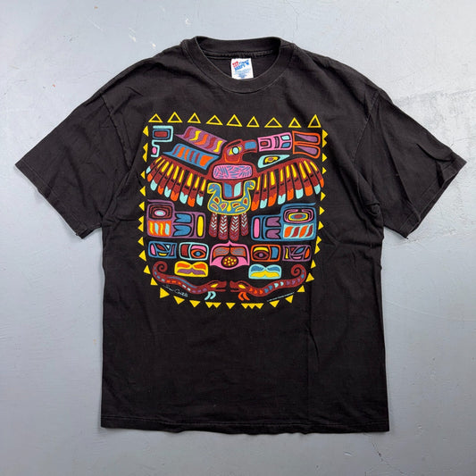 VTG Sue Coccia Native Northwest Eagle Raven Art Graphic T Shirt Black Large