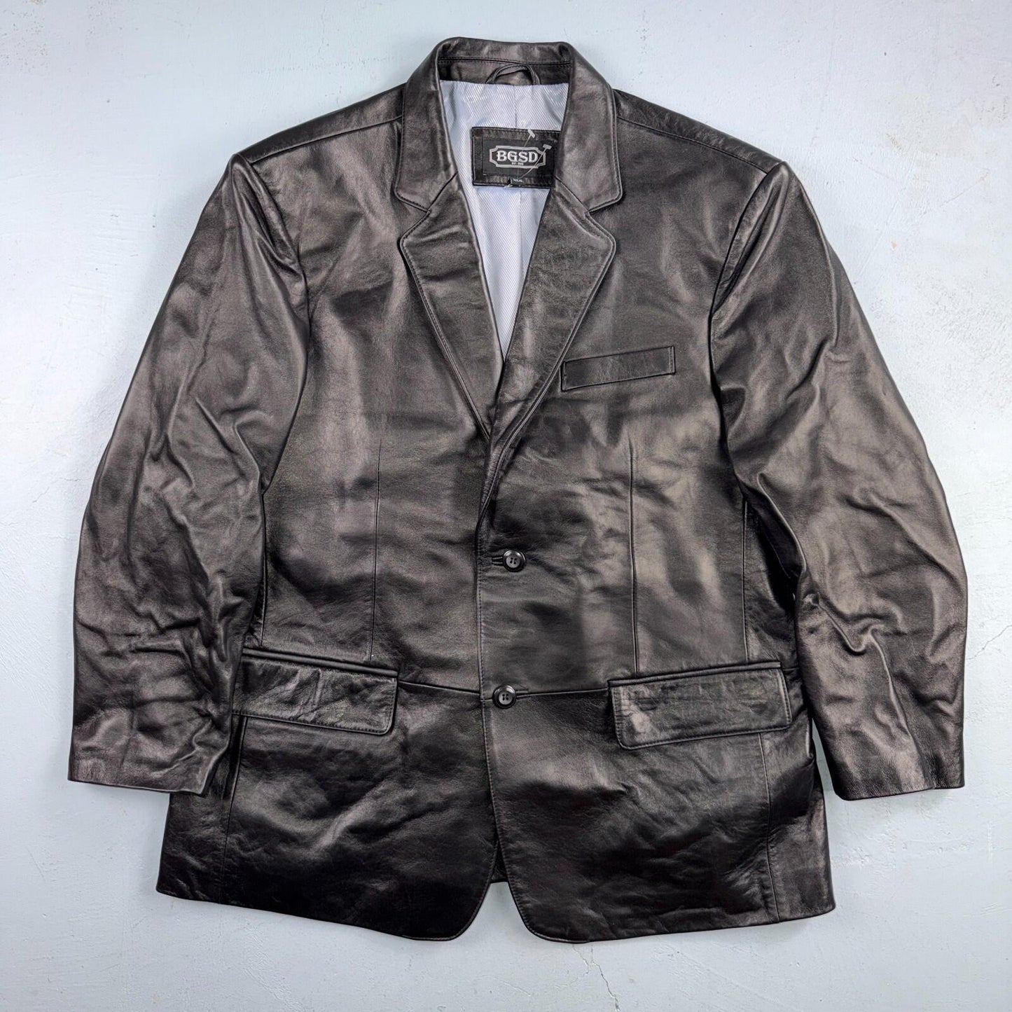 BGSD Mens Black Leather 2 Button Front Collared Jacket Size XL S Lambskin