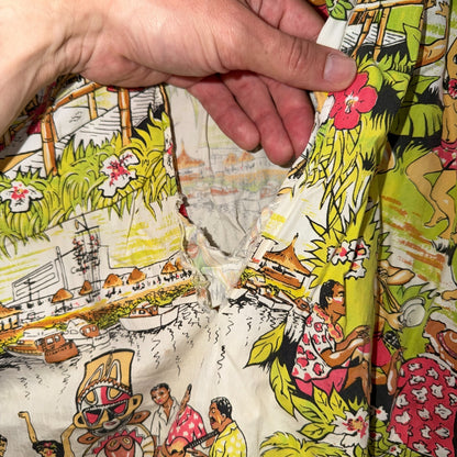 VTG 50s Hawaiian Aloha Shirt Dance Rockabilly Novelty Print Pinup Pin Up Girls
