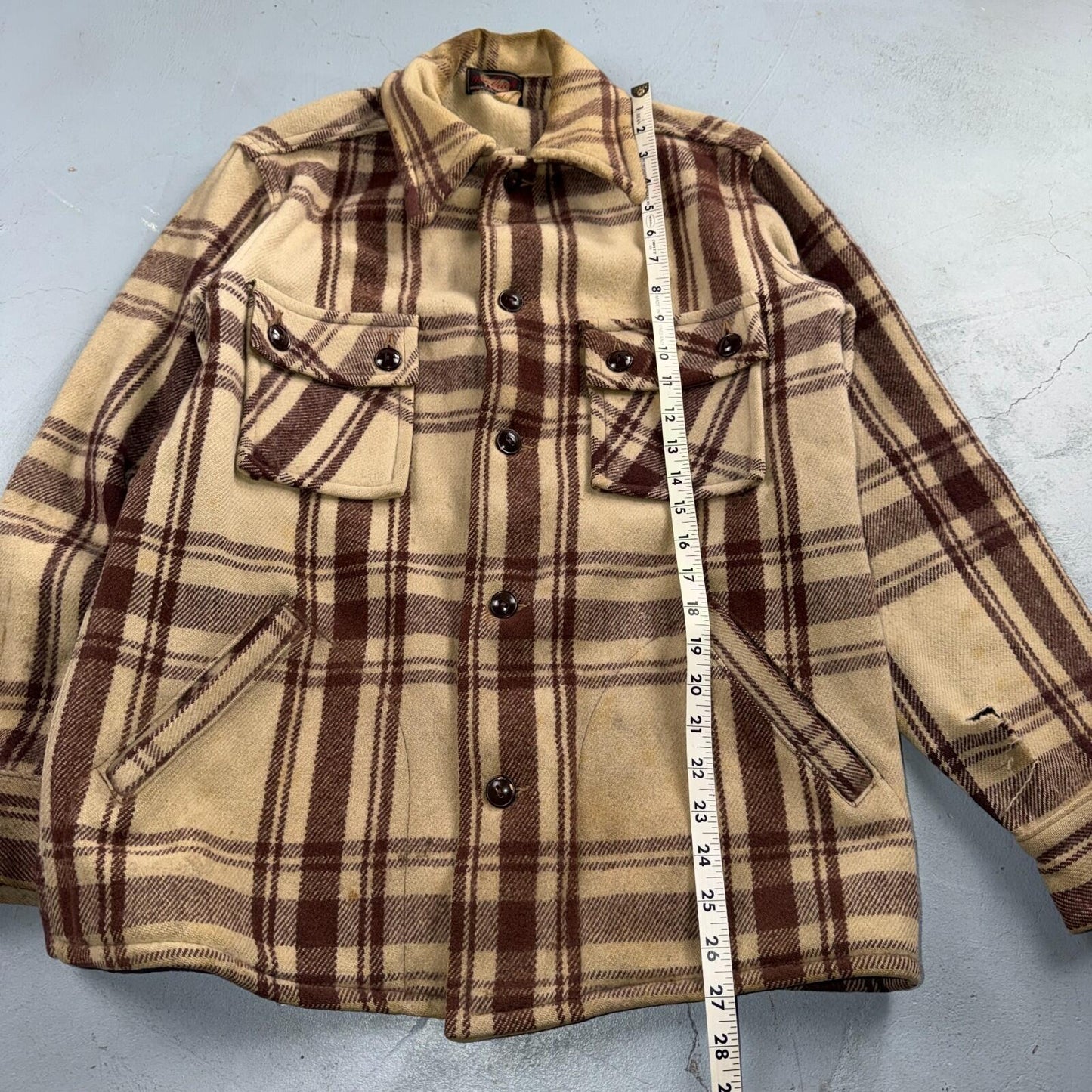 VTG 40s 50s Woolrich Jacket Size 38 Brown Ivory Mackinaw Hunter Plaid Wool RARE