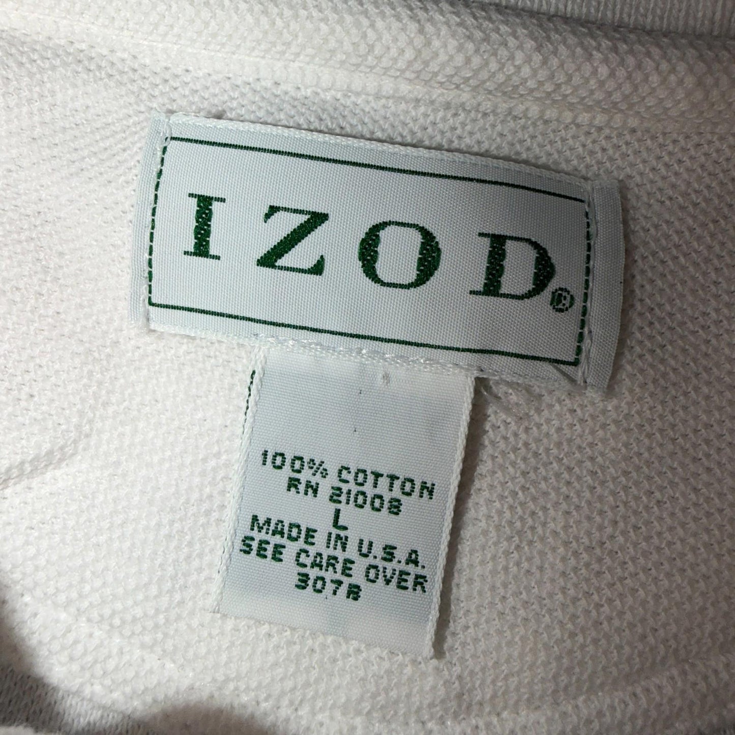 VTG Izod Polo USA Shirt Size L Mens White Short Sleeve Logo 100% Cotton RN 21008