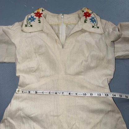 VTG 50s 60s White Long Sleeve Dress Summer Movie Boho Hippy Rockabilly Flowers