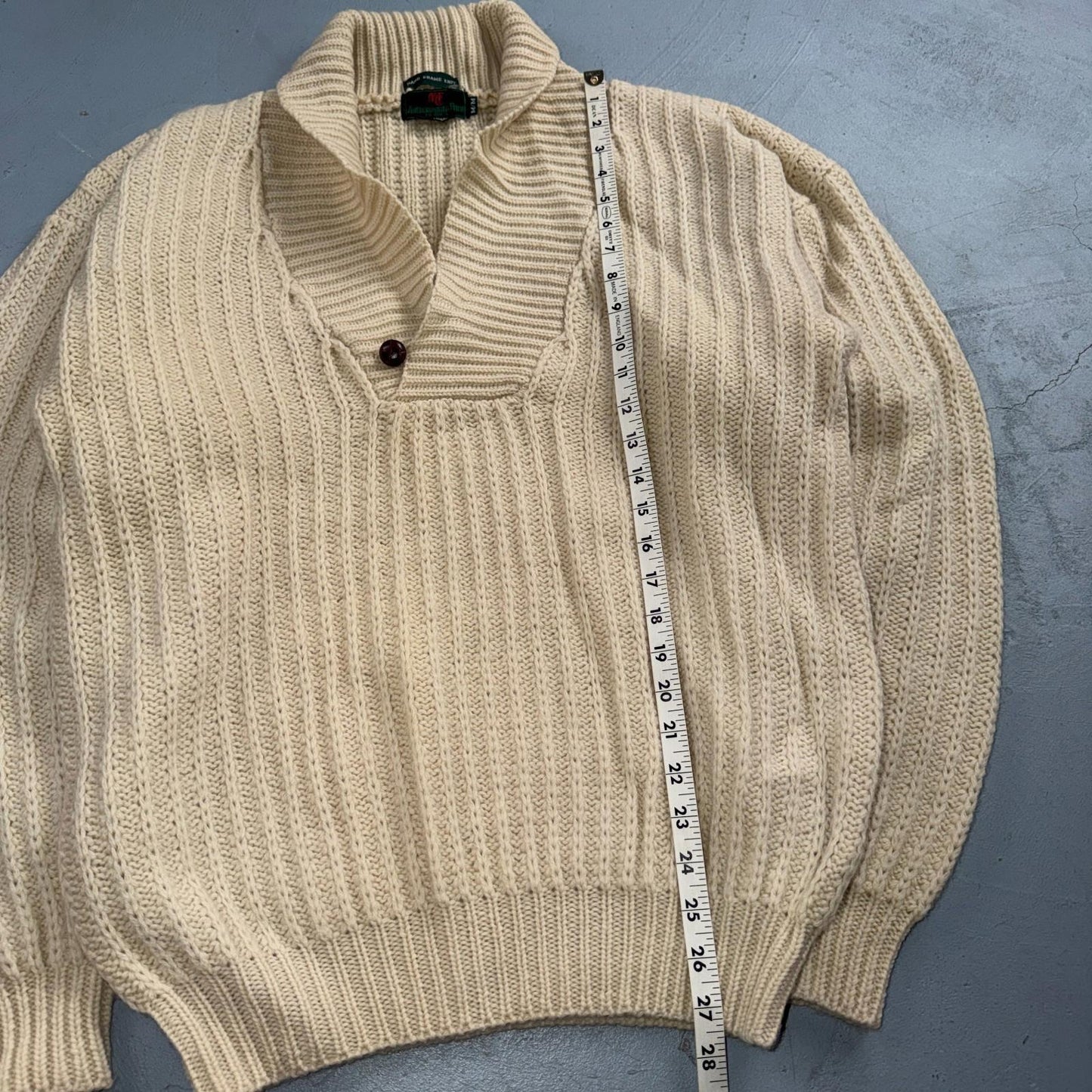VTG Abercrombie & Fitch Heavy Wool Shawl Sweater Oatmeal Beige Fisherman 70s