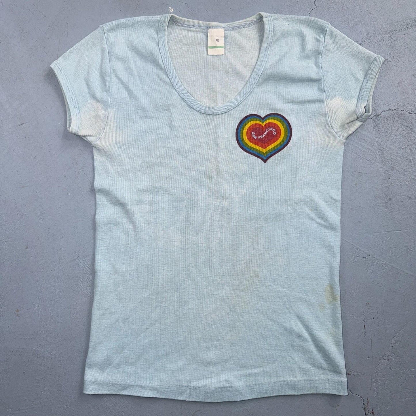 Vintage 70s San Francisco Heart Graphic LGBTQ T Shirt Blue Hippie Love All