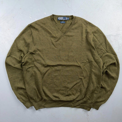 Polo Ralph Lauren Wool Sweater V-Neck Mens Size XL Green VTG Pullover