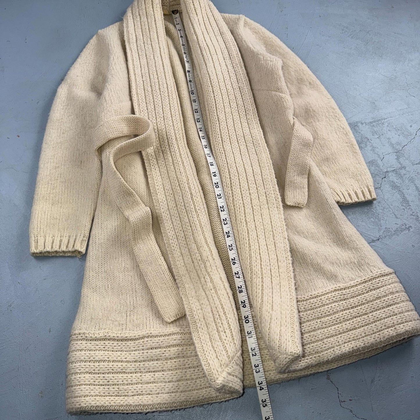 VTG 70s 80s Ribbed Knit Cardigan Open Belted Pockets Beige S/M Boho Chic
