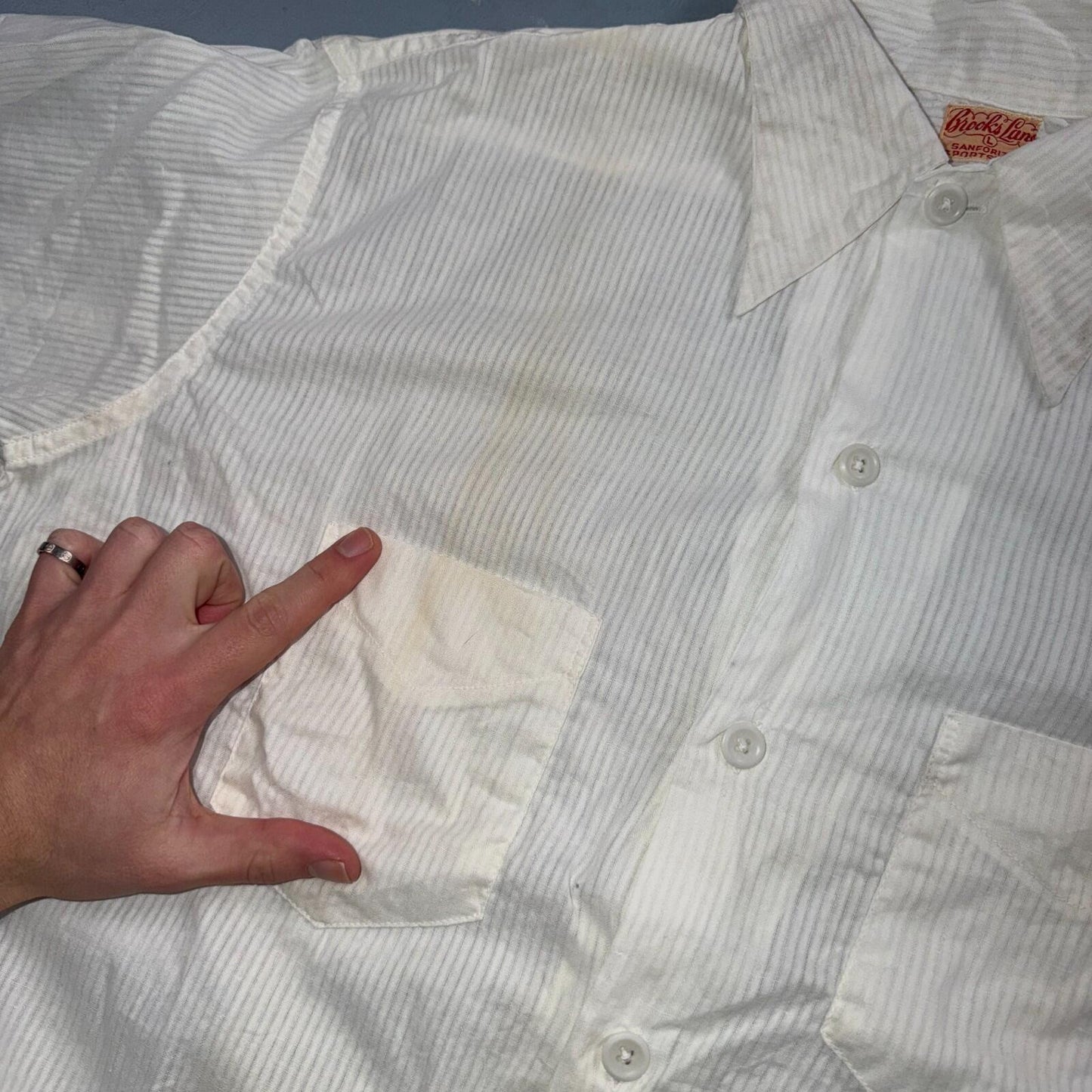 VTG 1940s Brooks Lane Button Shirt Rockabilly Stained White Striped Cotton 40s