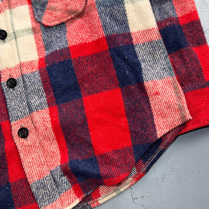 Vintage 70s Sport King CPO Shirt Jacket Mens Large Red Blue Wool Plaid Navy USN