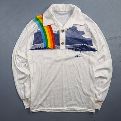 VTG 70s Wave Rainbow Landscape Long Sleeve Collared Polo Shirt Hawaii Aloha 80s