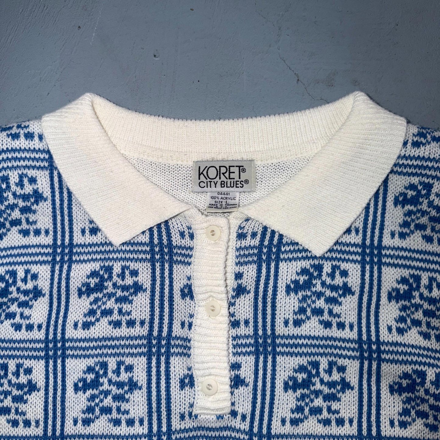 Vintage Koret City Blues Floral Acrylic Knit Sweater Top L 80s 90s Polo Vest