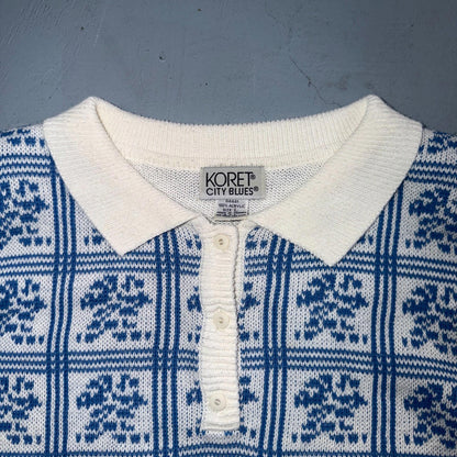 Vintage Koret City Blues Floral Acrylic Knit Sweater Top L 80s 90s Polo Vest
