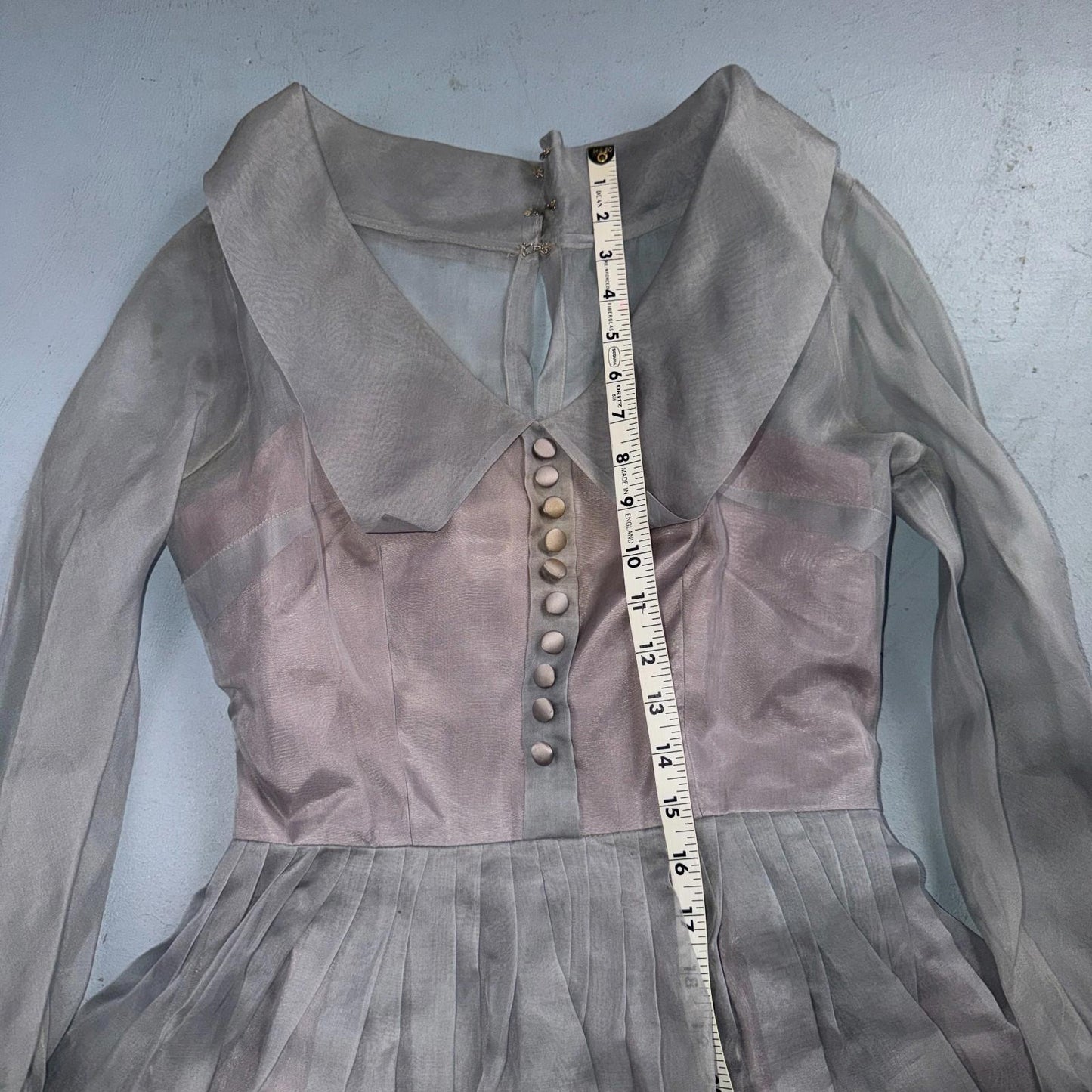 VTG 1950s Sheer Organza Dress Mauve Gray Full Skirt Union Made Party 50s Belted