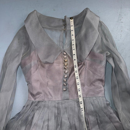 VTG 1950s Sheer Organza Dress Mauve Gray Full Skirt Union Made Party 50s Belted