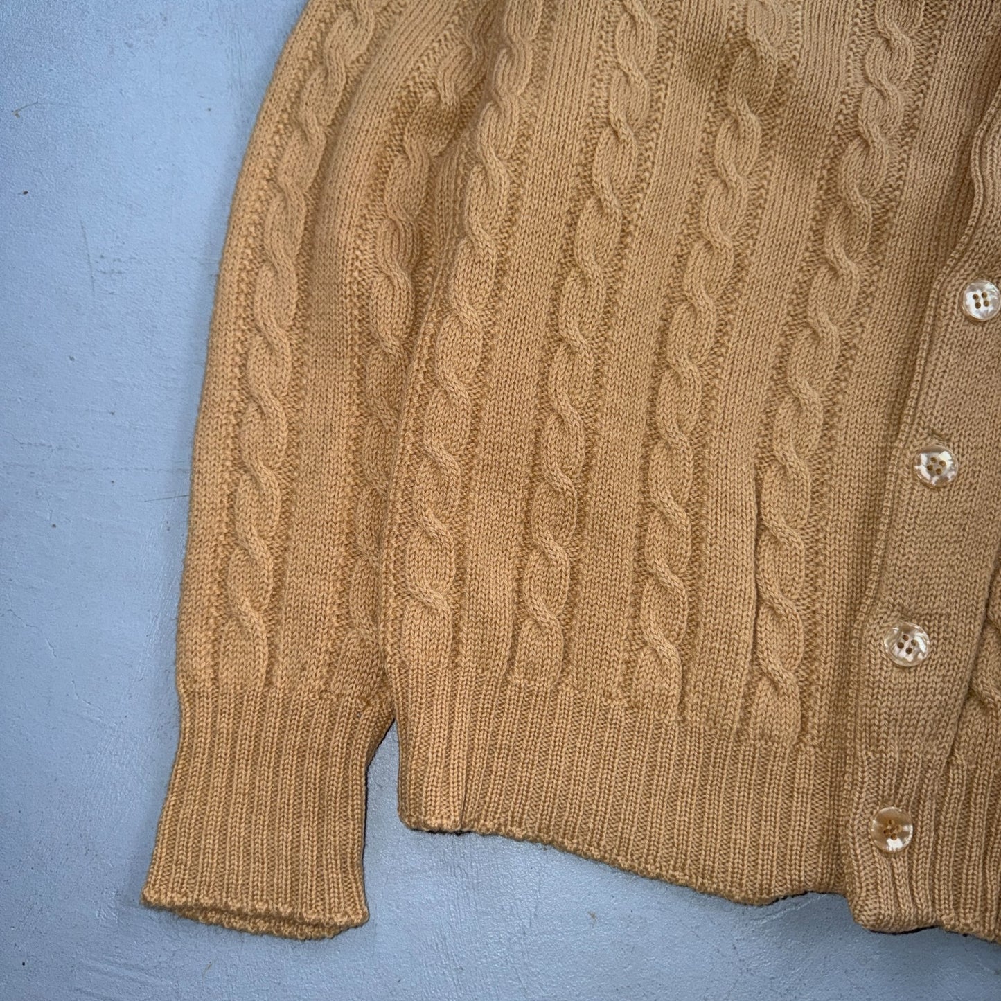 Vintage 1970s Wool Cardigan Sweater Mens M Button Up Beige Tan 70s Fisherman