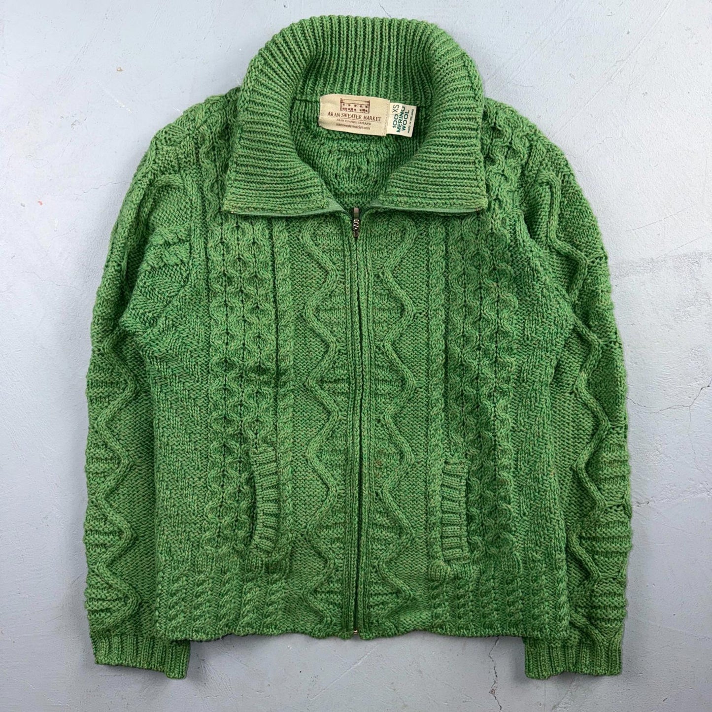 Aran Sweater Market Fisherman Wool Sweater Womens Size XS Ireland Green Zip Up