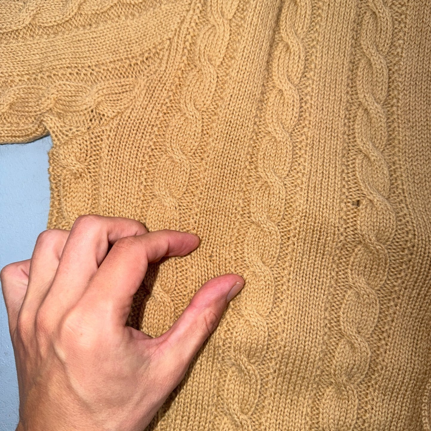 Vintage 1970s Wool Cardigan Sweater Mens M Button Up Beige Tan 70s Fisherman