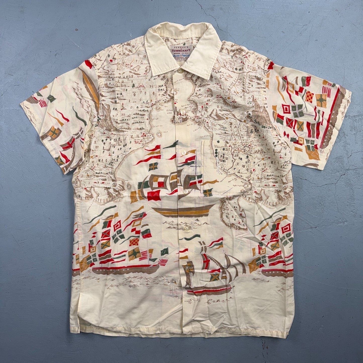 VTG 50s PENNEYS Hawaiian Flags Button Aloha Shirt Rockabilly THRASHED 1950s