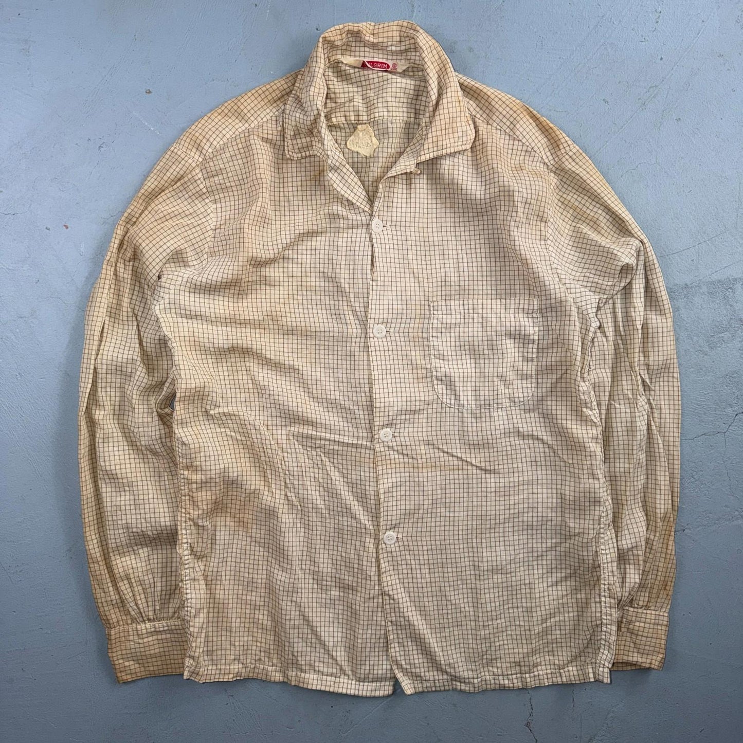 VTG 1950s Pilgrim Loop Collar Button Up Shirt Cotton Rockabilly S Thrashed Stain