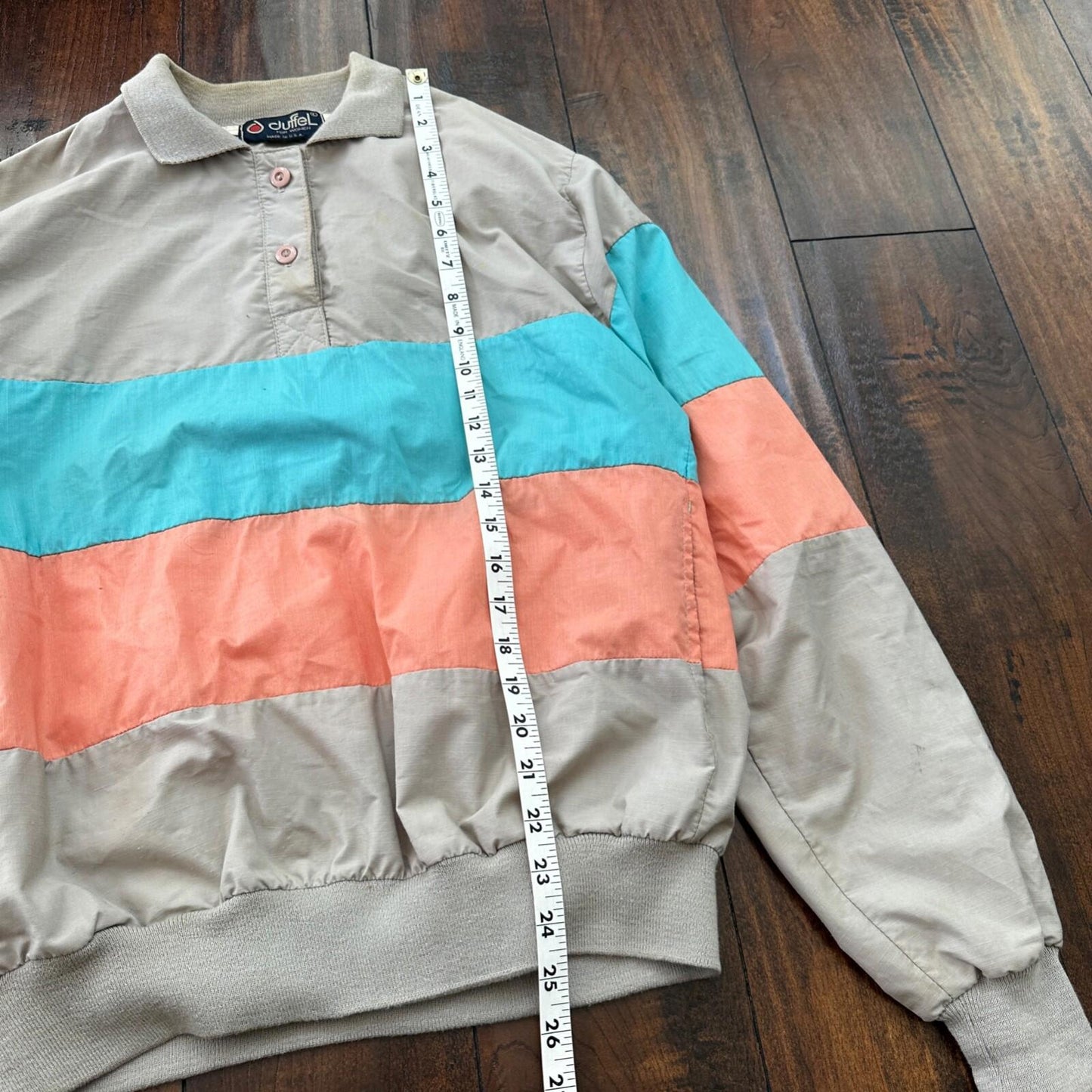 VTG 80s Duffel Pink Blue Strip Collared Pullover Windbreaker Womens L Colorblock