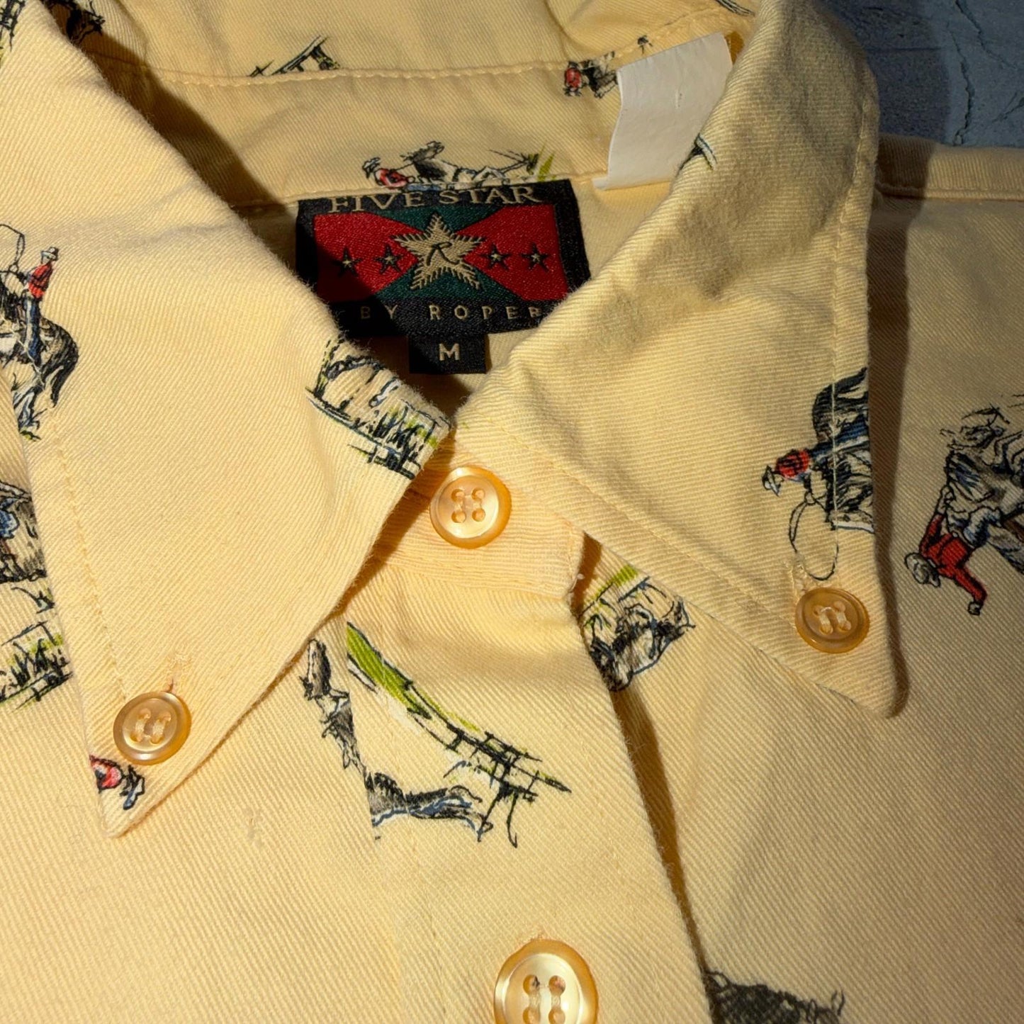 Vintage 90s Five Star by Roper Western Cowboy Button Down Shirt M Horses AOP