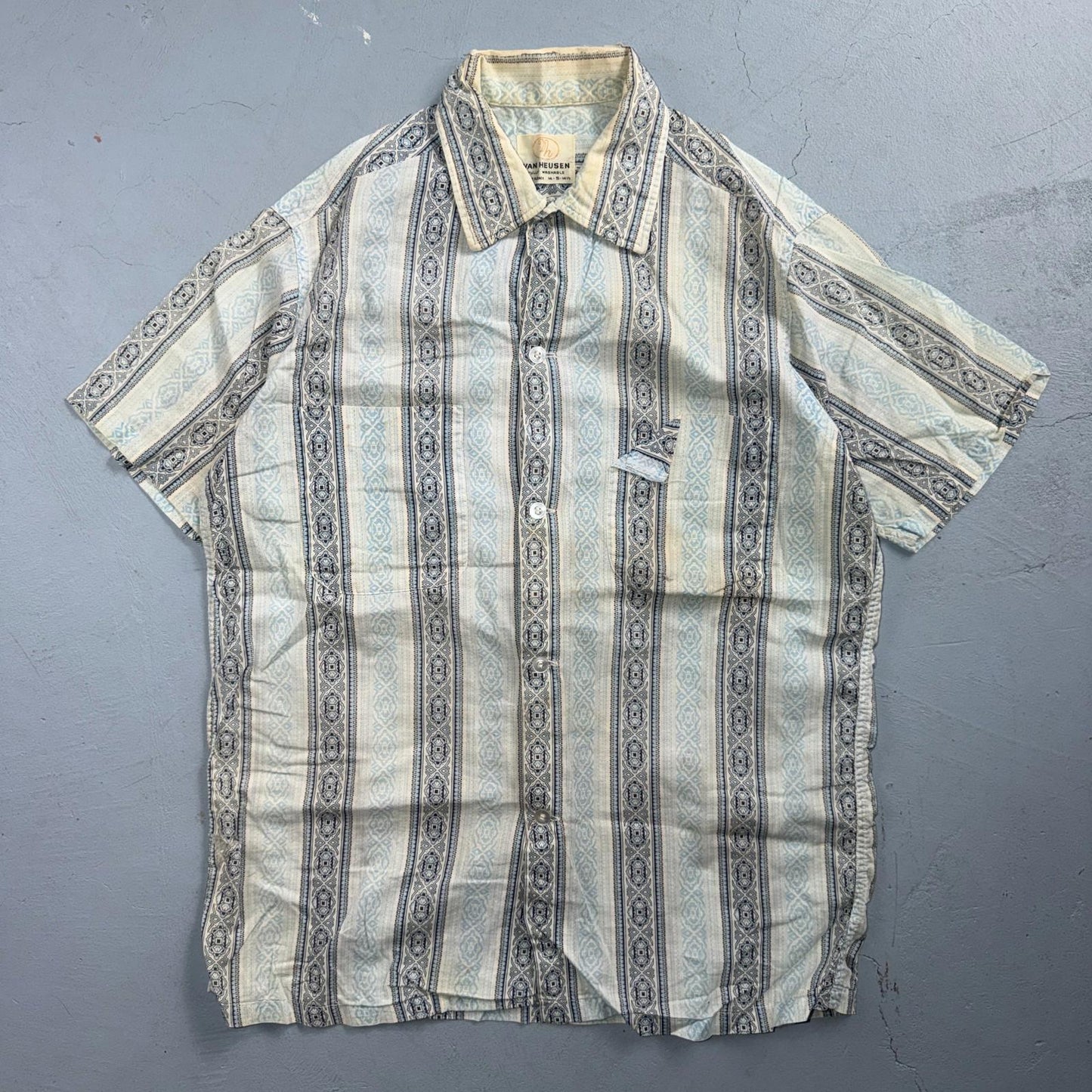 Vintage 60s Van Heusen Checker Button Up Shirt Made In USA Small Rockabilly Blue