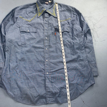 VTG 70s Levis Chambray Western Shirt Embroidered Pearl Snap Rockabilly Orange Ta