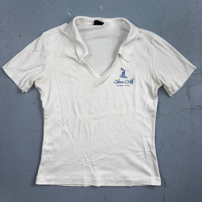 Shore Cliff Pismo Beach California VTG T Shirt 70s USA Womens Basic Polo White