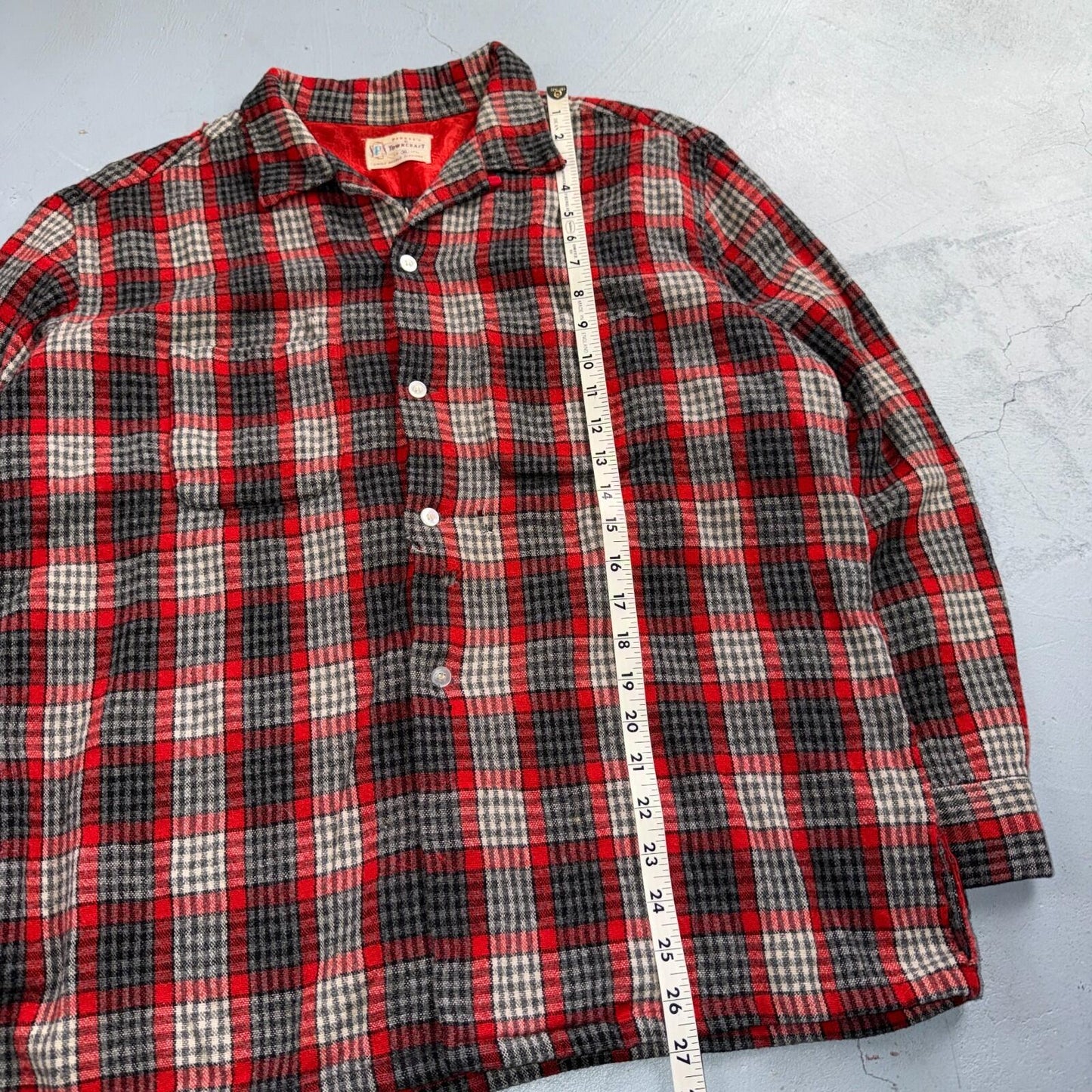 VTG XL 50s Penneys Shirt Red Plaid Wool Button Loop Collar Rockabilly 1950s Gray