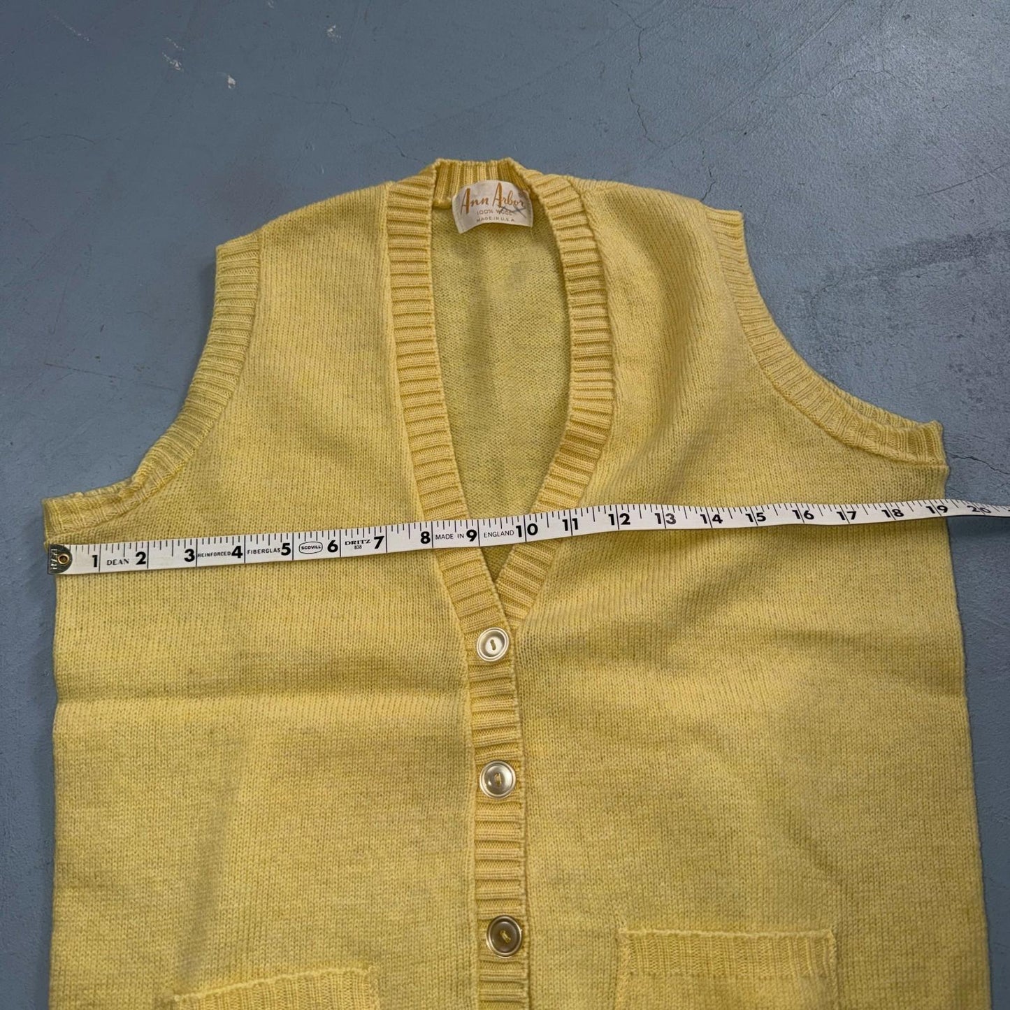 VTG 1960s 1970s Wool Caridgan Sweater Rockabilly Womens Mod Knit Yellow Vest