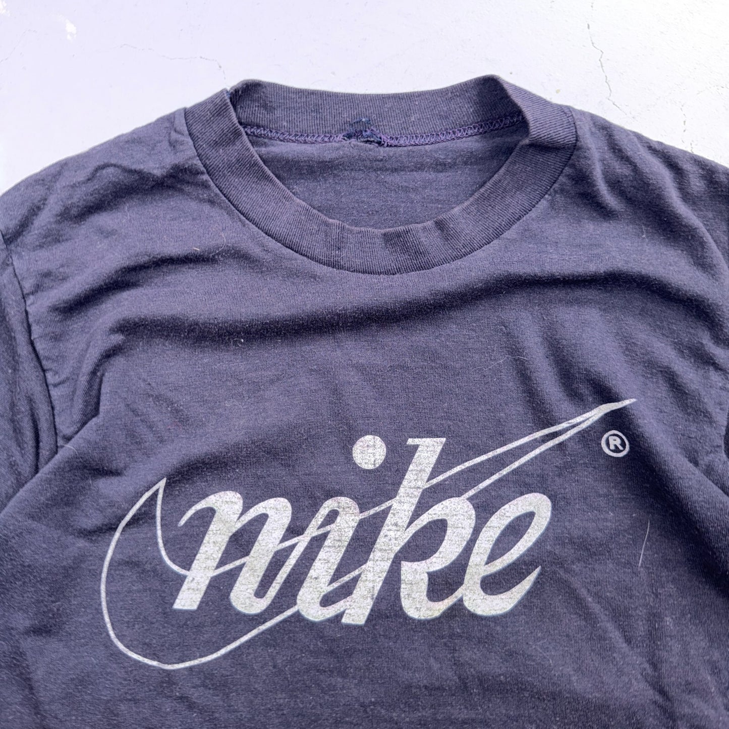 Nike VTG 80s Script Logo Swoosh T Shirt Navy Single Stitch USA 1980s Rare Print