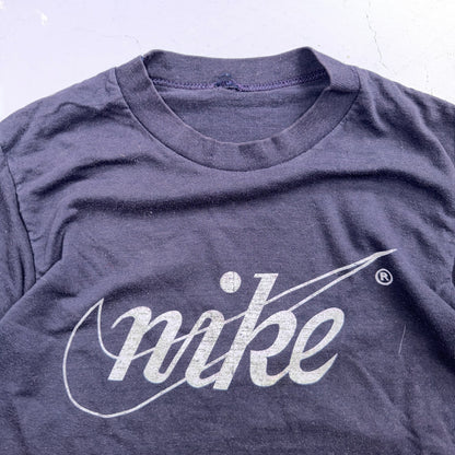 Nike VTG 80s Script Logo Swoosh T Shirt Navy Single Stitch USA 1980s Rare Print