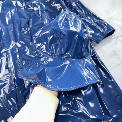 Liliput Womens Blue Trench Raincoat + Bucket Hat Polyester Rubber Vinyl 70s VTG