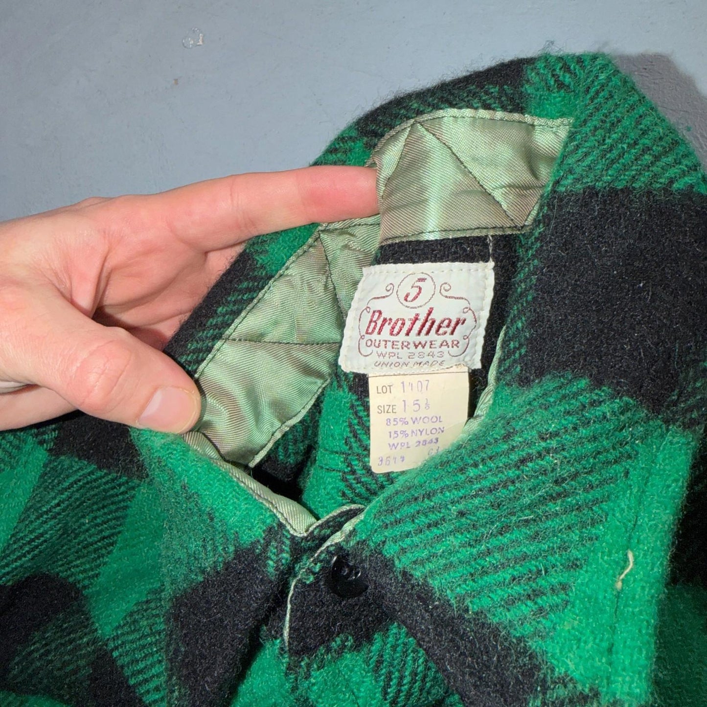 Vintage 1950s Five Brother Green Wool Buffalo Plaid Button Down Shirt Rockabilly