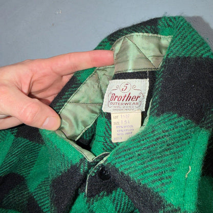 Vintage 1950s Five Brother Green Wool Buffalo Plaid Button Down Shirt Rockabilly