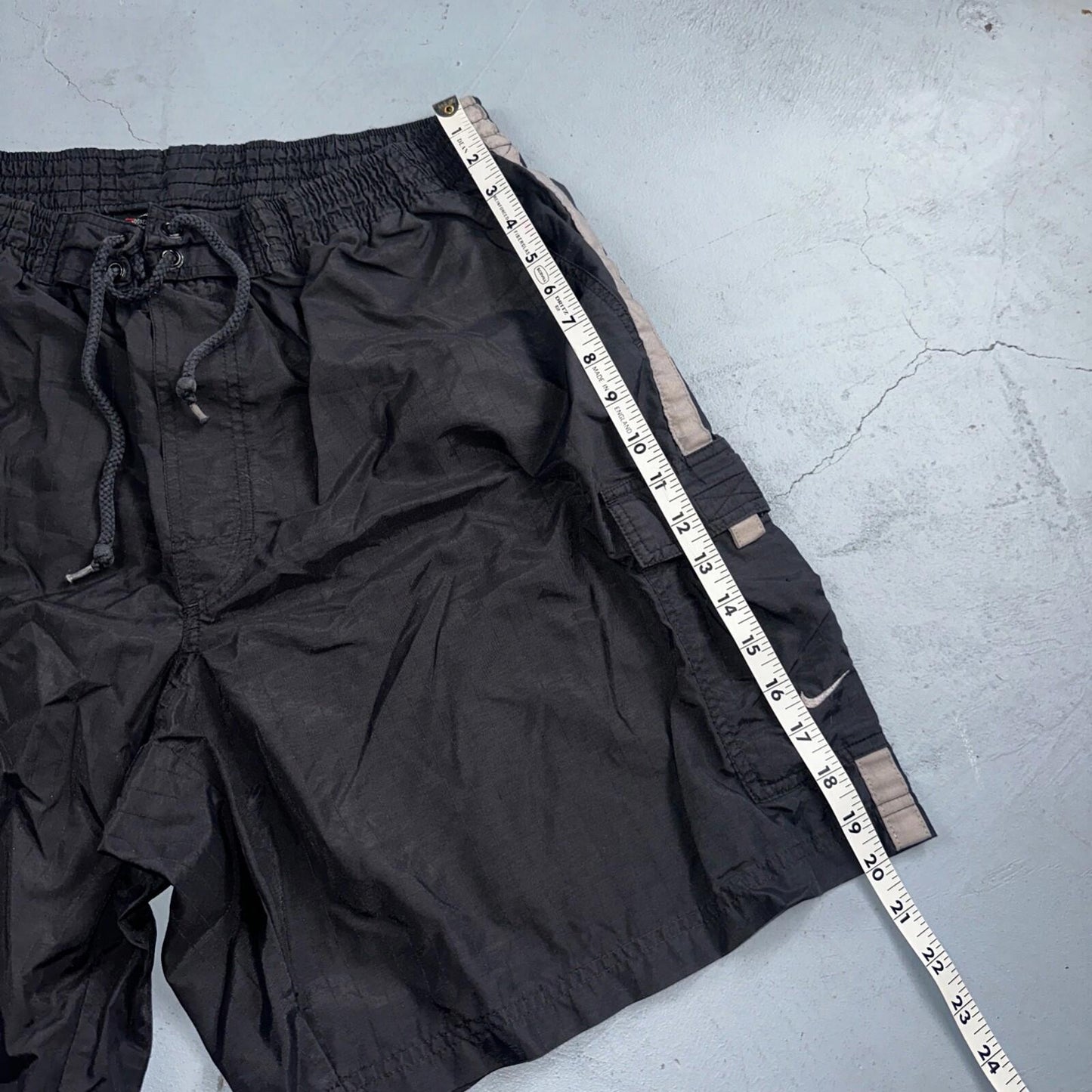 Nike Vintage Black Nylon Shorts Swoosh XL 90s Black Tag 9” Inseam Running Track