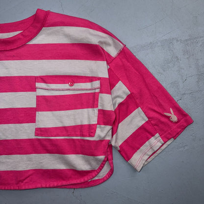 Playboy 90s Striped VTG T Shirt Pink Gray Crop Top Cute Summer Y2K Boxy Fit