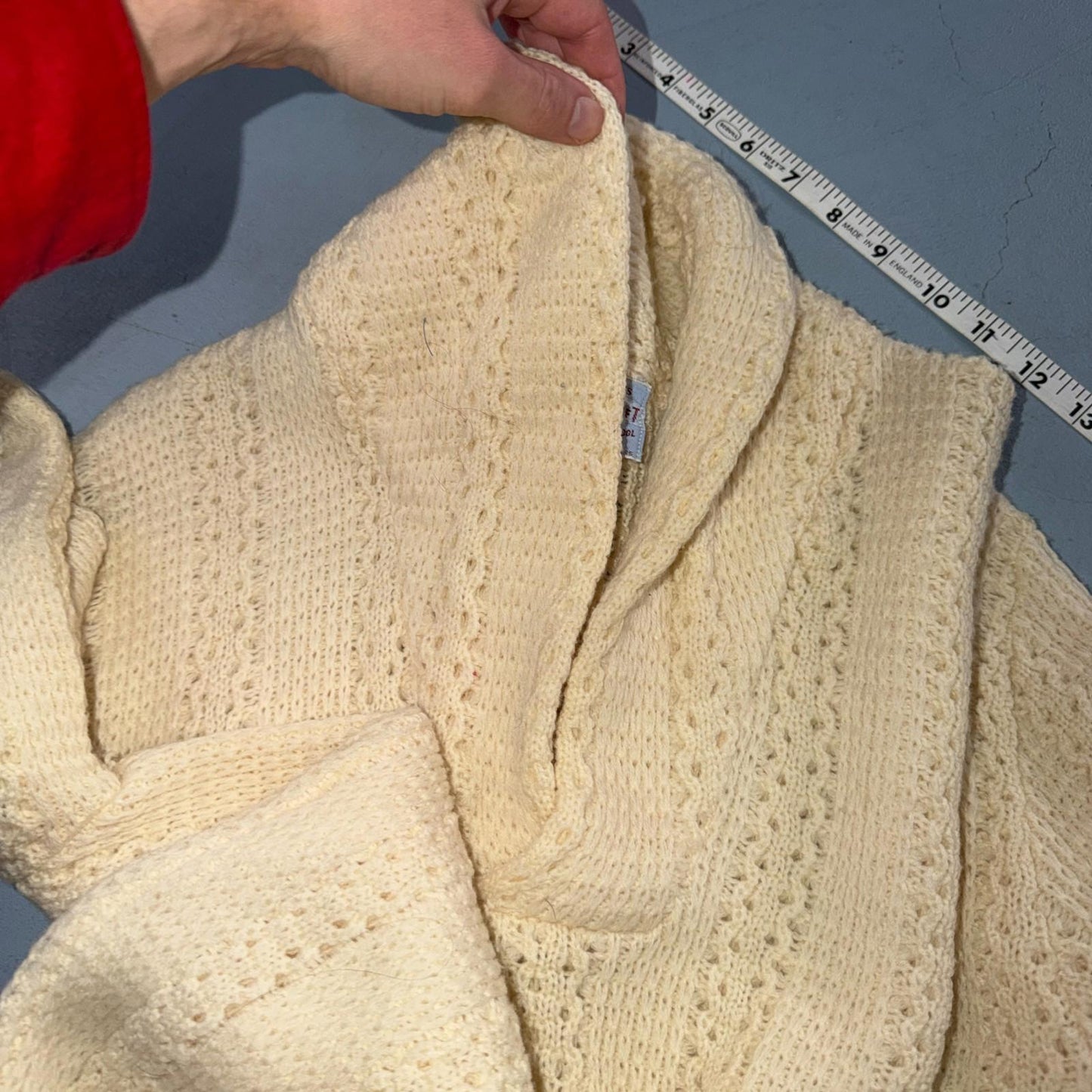 Penneys 1950s Wool Sweater Cream Shawl Collar Heritage Fisherman Knit Rockabilly