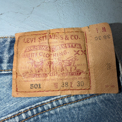 Levis 501 Vintage 90s USA XX Straight Leg Jeans Blue Light Wash 38x30 Act 37x29