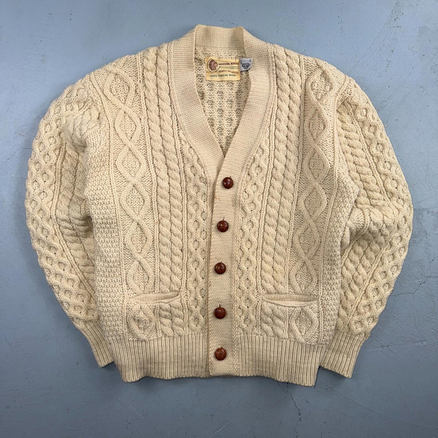 Bemidji VTG Woolen Mills Cream Cable Knit Cardigan Sweater Fisherman Boho 1970s