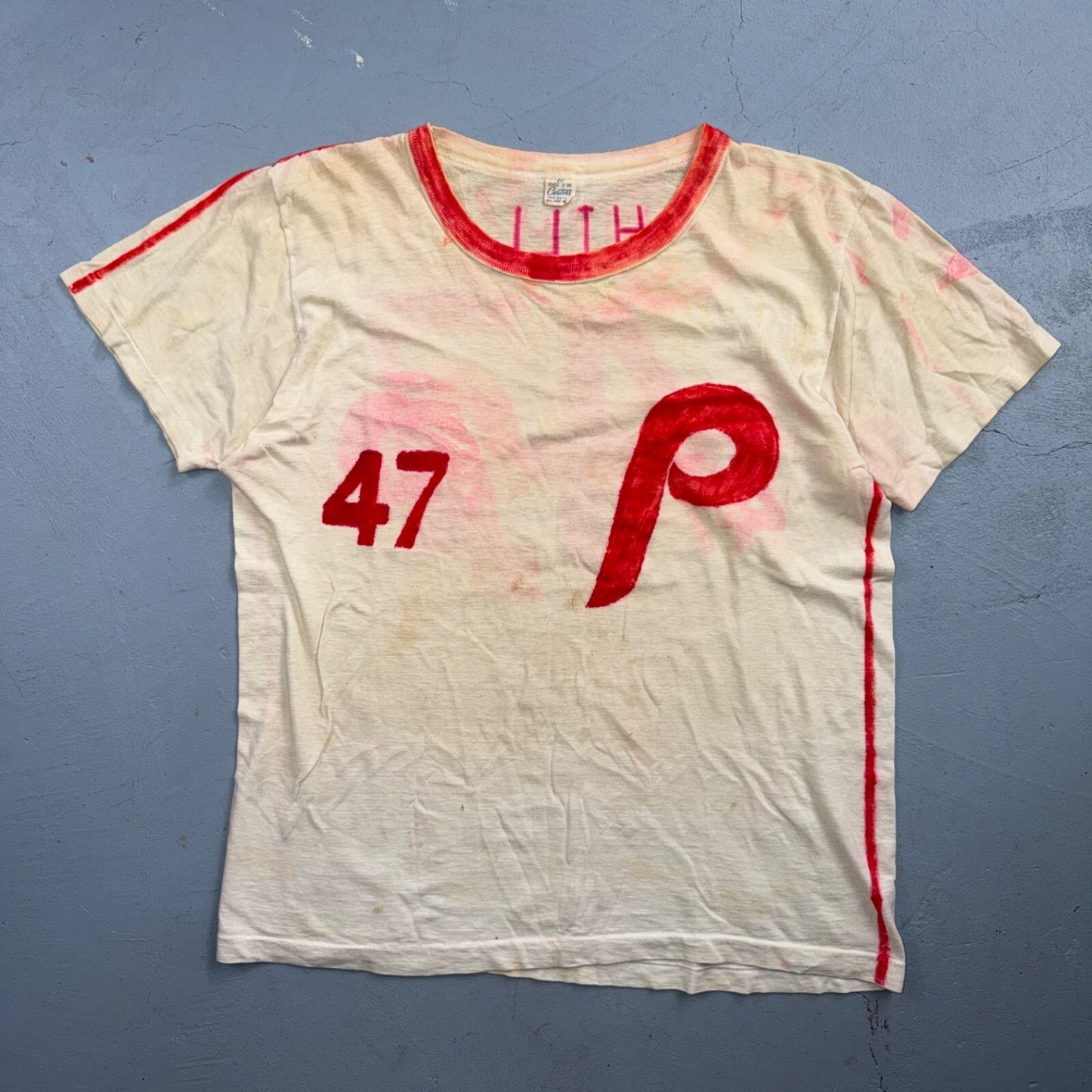 VTG 60s Handmade P Phillies 47 Baseball T Shirt DIY Painted Ringer Rockabilly