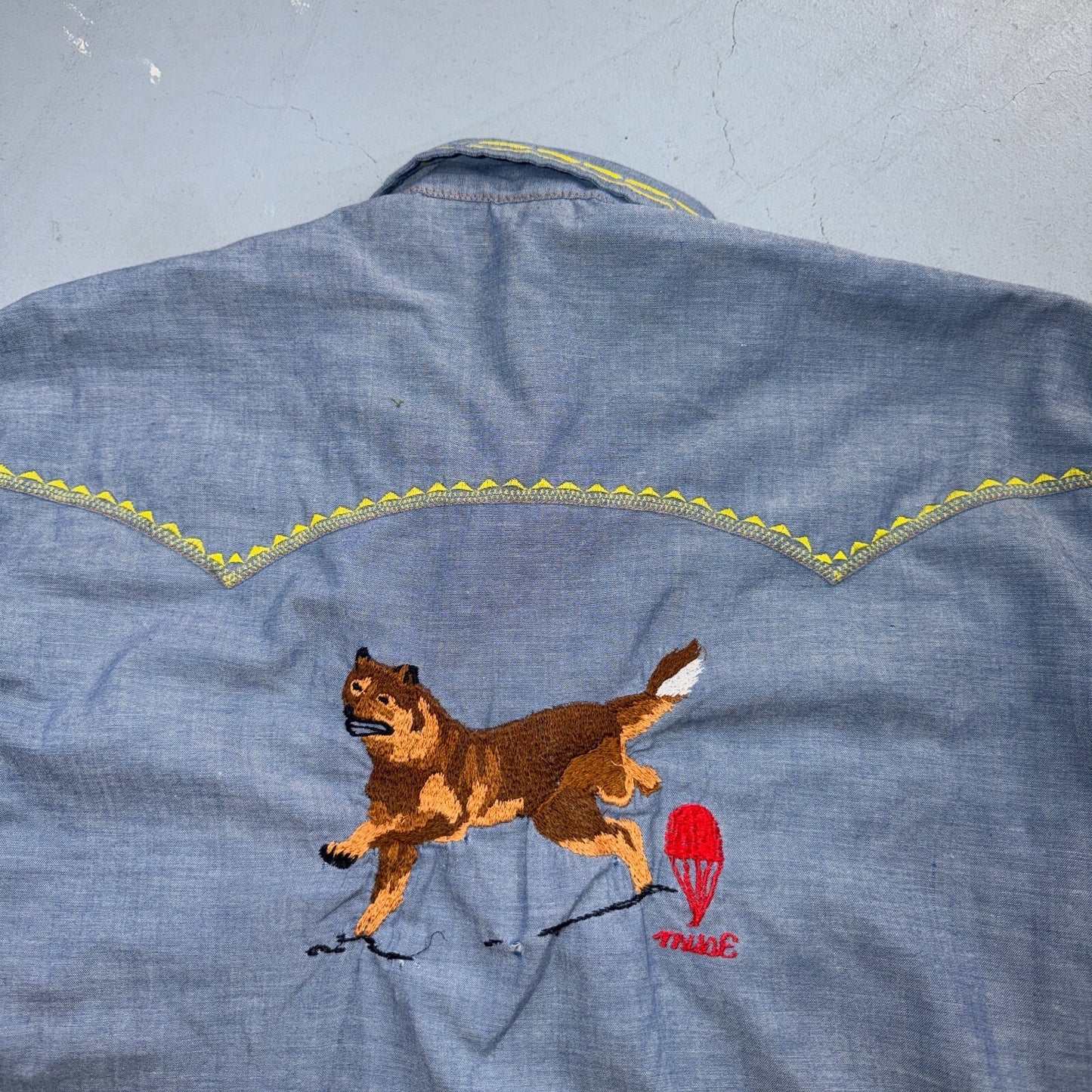 VTG 70s Levis Chambray Western Shirt Embroidered Pearl Snap Rockabilly Orange Ta