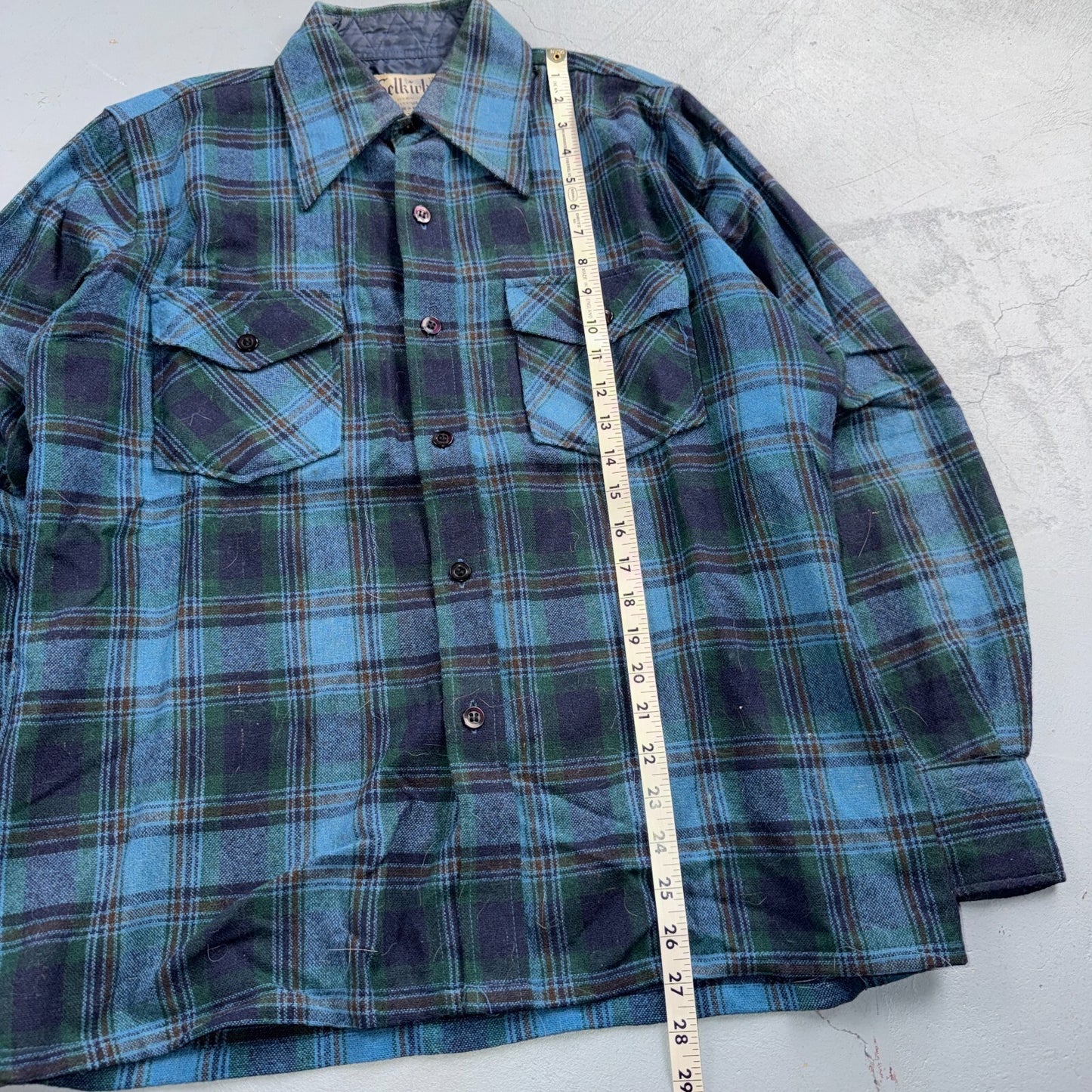 VTG 70s Selkirk Wool CPO Shirt Jacket Blue Green Plaid Rockabilly 1970s