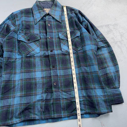 VTG 70s Selkirk Wool CPO Shirt Jacket Blue Green Plaid Rockabilly 1970s