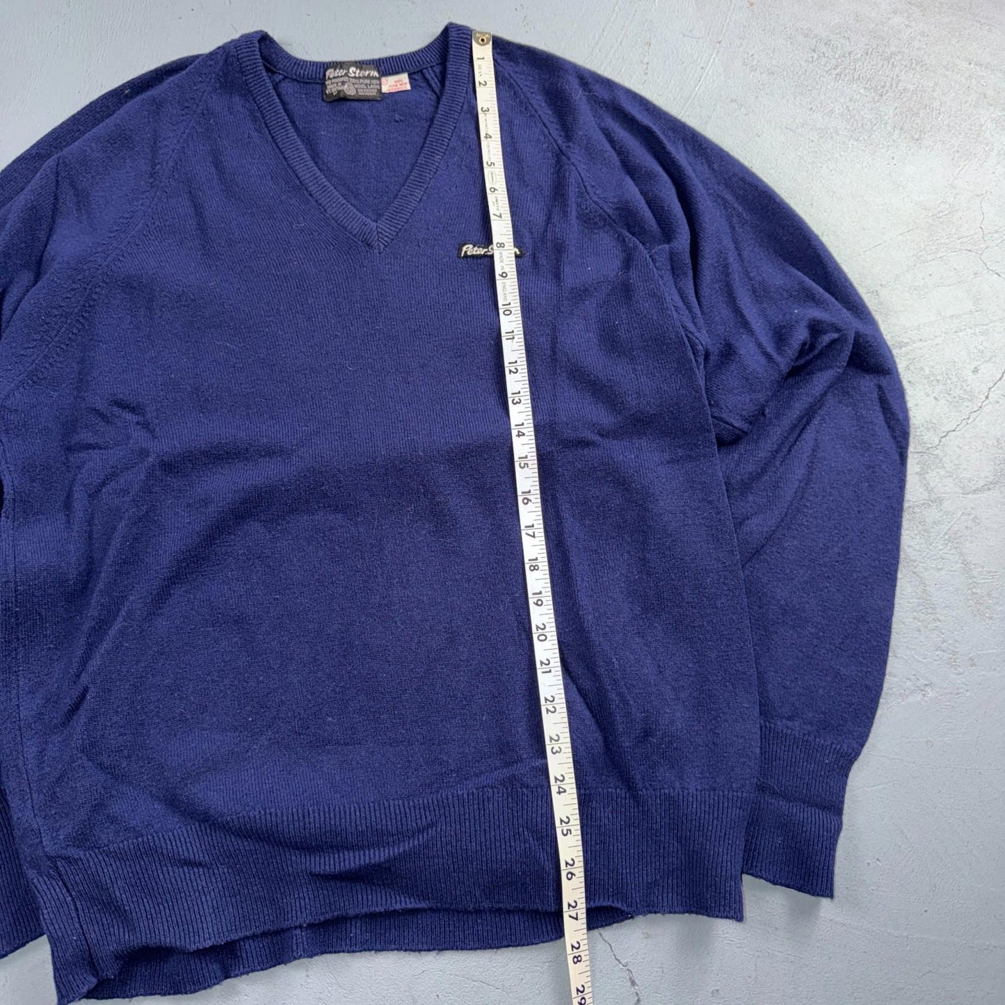 Vintage 70s Peter Storm Sweater Mens XL Navy Blue V Neck Pure Wool Knit