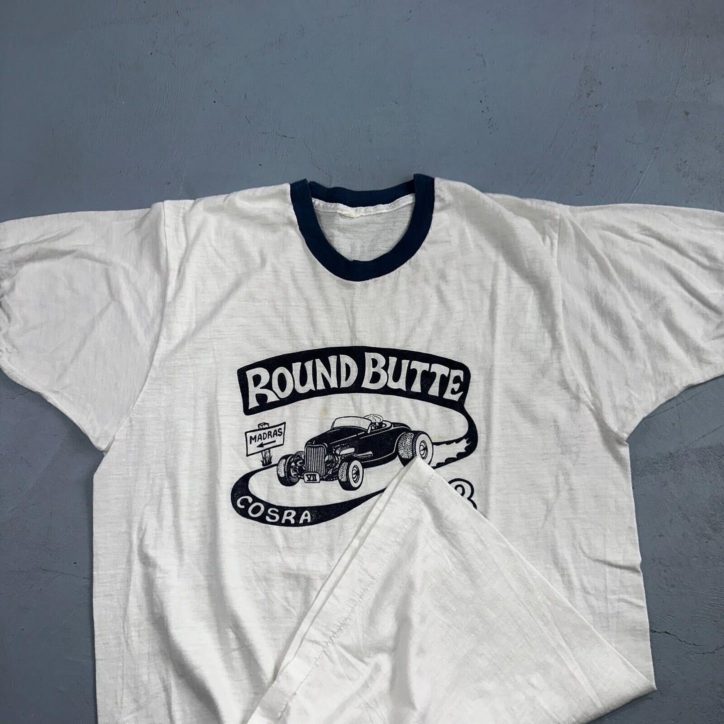 Round Butte Oregon 1970s VTG T Shirt 1978 Rockabilly Ringer Cars Hot Rod PDX Art
