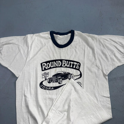 Round Butte Oregon 1970s VTG T Shirt 1978 Rockabilly Ringer Cars Hot Rod PDX Art