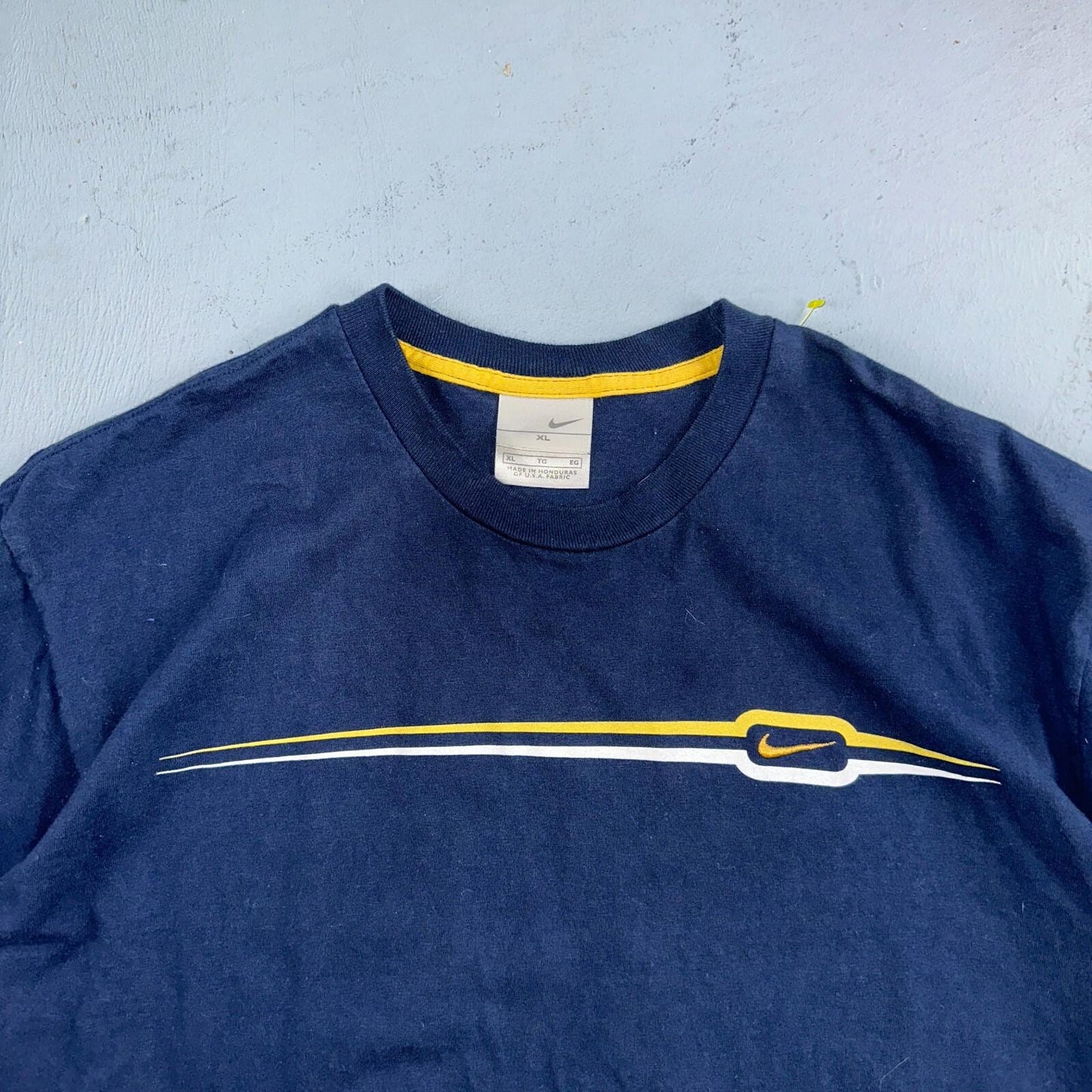 Nike Striped Y2K VTG T Shirt 2000s Navy Blue Air Max Promo Tee XL Yellow Stitch