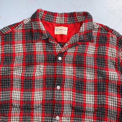 VTG XL 50s Penneys Shirt Red Plaid Wool Button Loop Collar Rockabilly 1950s Gray
